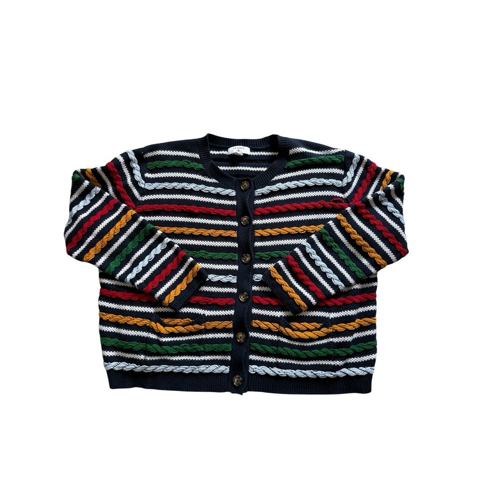 La Ligne Braid Stripe Cardigan XL Button Down Chunky Preppy Coastal Cotton